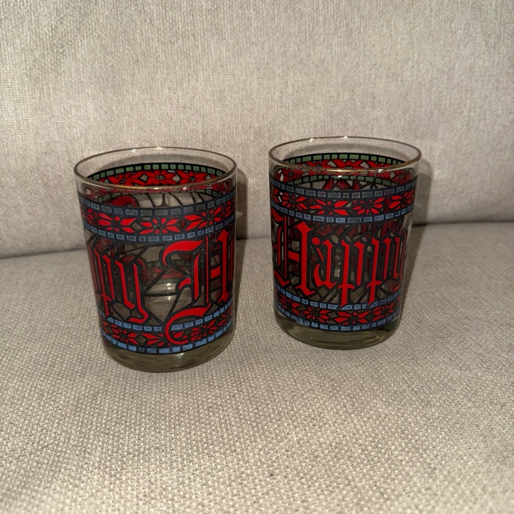 Vtg Houze Happy Holidays  Old Fashioned Glasses Set of 2